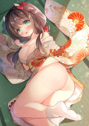 Rule 34 | 1girl, :d, animal ears, ass, bare shoulders, blush, bow, breasts, brown hair, chinese zodiac, cleavage, commentary request, cow ears, cow girl, cow horns, fang, floral print, gau (n00 shi), green eyes, hair bow, highres, horns, indoors, japanese clothes, kimono, large breasts, long hair, long sleeves, looking at viewer, no panties, obi, off shoulder, open mouth, original, red bow, sash, smile, socks, solo, tatami, thighs, white kimono, white socks, wide sleeves, year of the ox