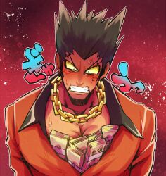 Rule 34 | 1boy, ace attorney, banknote, bara, black hair, blush, chain necklace, clenched teeth, colored skin, furio tigre, jacket, jewelry, looking down, male focus, minashirazu, money, muscular, muscular male, necklace, open mouth, phoenix wright: ace attorney - trials and tribulations, red jacket, red skin, short hair, solo, spiked hair, sweatdrop, teeth, tucked money, upper body