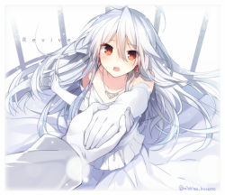 Rule 34 | 1boy, 1girl, bad id, bad pixiv id, bridal veil, detached sleeves, dress, earrings, elbow gloves, floating hair, gloves, gradient background, hand grab, image sample, jewelry, long hair, mishima kurone, necklace, open mouth, original, outstretched hand, pixiv sample, pleated dress, red eyes, solo focus, tierra azur, twitter username, veil, very long hair, wedding dress, white hair, white theme