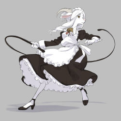 Rule 34 | 1girl, alternate costume, animal ears, apron, bell, black dress, dress, enmaided, frilled apron, frills, goat ears, goat girl, goat horns, grey background, high heels, highres, horizontal pupils, horns, kikurage (crayon arts), long sleeves, maid, maid apron, maid headdress, neck bell, original, puffy sleeves, simple background, solo, waist apron, whip, white apron, white hair, wrist cuffs