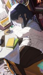 Rule 34 | 1girl, absurdres, black hair, black pantyhose, blue archive, blue eyes, blush, book, cardigan, cup, hair ornament, hairband, highres, long hair, looking at viewer, pantyhose, saucer, sitting, solo, tea, teacup, typewriter, ui (blue archive), wiersa