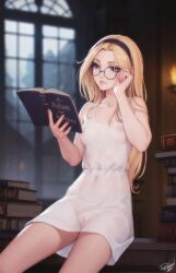 Rule 34 | 1girl, arched window, blonde hair, blue eyes, book, breasts, cleft of venus, glasses, headband, highres, medium breasts, non-web source, personal ami, pussy, see-through, tagme, window