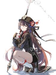 Rule 34 | 1girl, absurdres, black hat, black shorts, brown coat, brown footwear, brown hair, coat, commentary request, flower, flower-shaped pupils, genshin impact, hair between eyes, hat, highres, holding, holding polearm, holding weapon, hu tao (genshin impact), jewelry, long hair, long sleeves, looking at viewer, mochi upamo, multiple rings, plum blossoms, polearm, porkpie hat, red flower, ring, shadow, shorts, simple background, socks, solo, spear, squatting, symbol-shaped pupils, twitter username, very long hair, weapon, white background, white socks