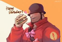 Rule 34 | 1boy, beard stubble, blush, bow, bowtie, burger, covered eyes, facial hair, food, happy birthday, hard hat, heart, helmet, helmet over eyes, holding, holding food, male focus, muscular, muscular male, pink bow, pink bowtie, red soldier (tf2), sdz (inazuma), soldier (tf2), solo, stubble, team fortress 2, two-tone background, upper body