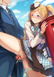 Rule 34 | 1boy, 2girls, akino komichi, aqua dress, aqua ribbon, bar censor, belt, belt buckle, blonde hair, blue headwear, blue jacket, blue neckwear, blue pants, blue sky, blush, brown dress, buckle, buttons, cabbie hat, censored, closed mouth, clothed sex, clothes lift, cloud, collared dress, collared shirt, constricted pupils, cowboy shot, cropped jacket, cum, cum in pussy, cum overflow, day, dress, dress lift, dutch angle, ejaculation, emily stewart, fake horns, fingernails, frilled sleeves, frills, from below, green panties, groin, half-closed eye, hands up, hat, hat with ears, height difference, hetero, highres, horned headwear, horns, idolmaster, idolmaster (classic), idolmaster million live!, idolmaster million live! theater days, jacket, layered dress, leaning on object, leather belt, leg up, long hair, long sleeves, looking at another, looking away, mailman, minase iori, mini hat, multiple girls, neck ribbon, necktie, nose blush, open clothes, open fly, open jacket, open mouth, out of frame, outdoors, panties, panties around leg, pants, parted bangs, penis, plaid, plaid dress, postbox (outgoing mail), public indecency, purple eyes, pussy, ribbon, sex, shirt, sky, solo focus, standing, standing on one leg, standing sex, striped neckwear, sunlight, surprised, sweat, twintails, underwear, uniform, vaginal, walk-in, wavy mouth, white headwear, white jacket, white shirt, wide oval eyes