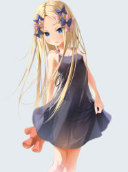 Rule 34 | 1girl, abigail williams (fate), bare arms, bare shoulders, black bow, black dress, blonde hair, blue eyes, bow, bug, butterfly, collarbone, commentary request, dress, fate/grand order, fate (series), forehead, grey background, hair bow, highres, holding, holding stuffed toy, insect, long hair, multiple hair bows, no headwear, orange bow, parted bangs, parted lips, pink bow, polka dot, polka dot bow, sakazakinchan, see-through silhouette, simple background, sleeveless, sleeveless dress, solo, stuffed animal, stuffed toy, teddy bear, very long hair