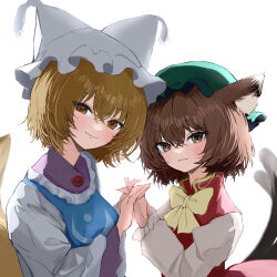 Rule 34 | 2girls, :3, absurdres, animal ears, bloom, bow, bowtie, brown eyes, brown hair, cat ears, cat tail, chen, closed mouth, commentary request, dress, fox ears, fox tail, from side, green headwear, hair between eyes, hands up, hat, highres, interlocked fingers, light brown hair, light smile, looking at viewer, mikan (manmarumikan), mob cap, multiple girls, multiple tails, nekomata, red vest, short hair, simple background, tabard, tail, touhou, two tails, upper body, vest, white background, white bow, white bowtie, white dress, white headwear, wide sleeves, yakumo ran