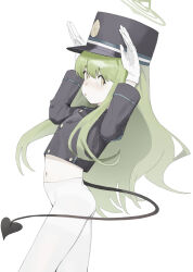 Rule 34 | 1girl, absurdres, blue archive, cropped jacket, demon tail, gloves, green hair, halo, hands up, hat, hikari (blue archive), highres, jacket, lazhuzelazhuze, long hair, looking at viewer, navel, pantyhose, peaked cap, simple background, solo, tail, white background, white pantyhose, yellow eyes