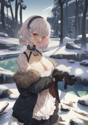 Rule 34 | 1girl, absurdres, anchor choker, azur lane, bad id, bad pixiv id, bare tree, black gloves, breasts, cirilla lin, cleavage, forest, fur trim, gloves, hairband, highres, large breasts, looking at viewer, nature, open mouth, pleated skirt, red eyes, short hair, sirius (azur lane), skirt, snow, solo, standing, stream, tree, white hair