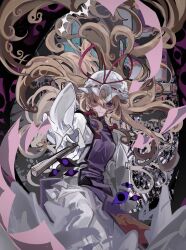 Rule 34 | 1girl, blonde hair, bow, closed mouth, dress, floating hair, folding fan, gloves, hair bow, hand fan, hat, hat ribbon, highres, holding, holding fan, long hair, looking at viewer, mob cap, purple eyes, ribbon, sesmkun, smile, solo, touhou, white gloves, wide sleeves, yakumo yukari