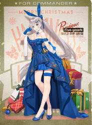 Rule 34 | 1girl, :p, anklet, arm up, bare shoulders, bell, blue bow, blue dress, blue footwear, blue gemstone, blue gloves, blue ribbon, blush, bow, breasts, bridal garter, brown eyes, character name, cleavage, crescent, crescent earrings, dress, earrings, five-seven (blue christmas) (girls&#039; frontline), five-seven (girls&#039; frontline), full body, fur-trimmed gloves, fur scarf, fur trim, gem, gift, girls&#039; frontline, gloves, hair between eyes, hair ornament, hair ribbon, hand up, high heels, jewelry, jingle bell, large breasts, long hair, looking at viewer, necklace, off-shoulder dress, off shoulder, official alternate costume, official art, ponytail, ribbon, scarf, sidelocks, silver hair, solo, suisai (suisao), thighs, tongue, tongue out, very long hair, white scarf