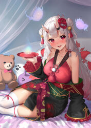 Rule 34 | absurdres, bed, bell, book, bowl, breasts, cleavage, curtains, double bun, hair bell, hair bun, hair ornament, highres, holding, holding book, hololive, horns, large breasts, looking at viewer, lying, mask, mask on head, nakiri ayame, nakiri ayame (1st costume), nanaushi, on side, oni mask, paw print, pillow, red eyes, rope, shimenawa, skin-covered horns, smile, star (symbol), star print, stuffed animal, stuffed toy, teddy bear, thighhighs, virtual youtuber, white hair