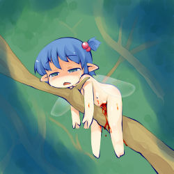 Rule 34 | barefoot, blood, blue hair, chibi, defloration, empty eyes, fairy, forest, green eyes, guro, hair bobbles, hair ornament, hurt, injury, mini person, minigirl, nature, nude, object insertion, open mouth, pointy ears, sakurabe notos, solo, tears, toes, tree, vaginal, wings