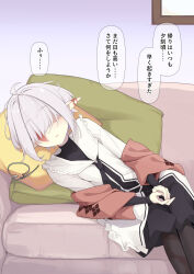 Rule 34 | 1girl, abelia (ogami kazuki), ahoge, black dress, black necktie, black pantyhose, burn scar, closed mouth, couch, dress, facing viewer, feet out of frame, grey hair, hair over eyes, highres, indoors, long sleeves, lying, necktie, ogami kazuki, on couch, on side, original, own hands together, pantyhose, pillow, pointy ears, scar, solo, thick eyebrows, translated, white dress