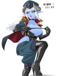 Rule 34 | 1girl, belt, black footwear, black leotard, black sclera, black thighhighs, blue skin, blunt bangs, boots, breasts, cape, choker, cleavage, collarbone, colonel pale, color guide, colored sclera, colored skin, covered navel, cropped jacket, demon girl, demon horns, elbow gloves, female focus, gloves, hat, high heel boots, high heels, highres, horns, jacket, large breasts, latex, leather, leather gloves, leg up, leotard, lipstick, looking to the side, lowleg, lowleg pants, makeup, military, military uniform, mimizu (tokagex), open clothes, open jacket, original, pants, peaked cap, pointy ears, revealing clothes, riding crop, shiny skin, skin tight, solo, thigh boots, thighhighs, uniform, white background, yellow eyes