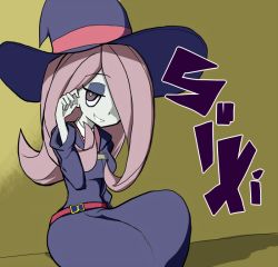 Rule 34 | 10s, 1girl, brown hair, character name, dress, female focus, gradient background, hair over one eye, hat, little witch academia, long hair, smile, solo, sucy manbavaran, urusugu, witch, witch hat