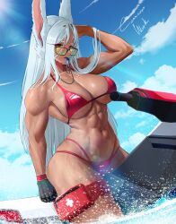 Rule 34 | 1girl, abs, animal ears, arm up, bare arms, bare shoulders, bikini, black gloves, blue sky, boku no hero academia, breasts, commentary, commission, dark-skinned female, dark skin, day, gloves, hand to forehead, hand up, highres, jet ski, large breasts, long eyelashes, long hair, looking at viewer, looking over eyewear, mirko, mouth hold, muscular, muscular female, navel, outdoors, pouch, rabbit ears, rabbit girl, red bikini, red eyes, single glove, sky, smitcuk, solo, splashing, stomach, sunglasses, swimsuit, thick thighs, thigh pouch, thighs, veins, veiny arms, very long hair, water, wet, whistle, whistle around neck, white hair