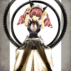 Rule 34 | 1girl, akiha rumiho, animal ears, breasts, cat ears, cat girl, drill hair, faris nyannyan, female focus, headdress, laio, maid, pantyhose, pink hair, ribbon, sitting, solo, steins;gate, twintails, white background