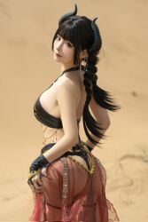 Rule 34 | 1girl, asian, ass, black eyes, black hair, black horns, breasts, chinese (nationality), chunmomo0127, cosplay, cosplay photo, desert, fake horns, highres, horns, jewelry, looking at viewer, looking back, medium breasts, medium hair, outdoors, photo (medium), real life, thigh strap