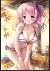 Rule 34 | 1girl, :d, autumn leaves, bare shoulders, bikini, black border, blush, border, breasts, cleavage, collarbone, commentary request, hair ribbon, hands on legs, izumi kaori (twinbox), large breasts, leaf, leaning forward, long hair, looking at viewer, maple leaf, md5 mismatch, nail polish, one side up, open mouth, original, pink hair, pink ribbon, purple eyes, resolution mismatch, ribbon, side-tie bikini bottom, smile, solo, source larger, sousouman, standing, striped bikini, striped clothes, swimsuit, wet