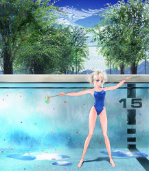 Rule 34 | 1girl, blonde hair, blue eyes, broom, chain-link fence, cleaning brush, confetti, empty pool, fence, highres, landscape, legs, one-piece swimsuit, original, pool, school swimsuit, short hair, solo, suika m, swimsuit, tree