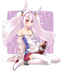 Rule 34 | 1girl, animal ears, azur lane, blush, bottle, camisole, cola, commentary request, full body, fur-trimmed jacket, fur trim, hair between eyes, hair ornament, hairband, highres, jacket, laffey (azur lane), long hair, long sleeves, looking at viewer, off shoulder, open clothes, open jacket, parted lips, pink jacket, pleated skirt, rabbit ears, red eyes, red hairband, red skirt, shoes, sitting, skirt, sleeves past wrists, soda bottle, solo, strap slip, theta (ponkotsu works), thighhighs, twintails, very long hair, wariza, white camisole, white footwear, white hair, white thighhighs