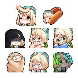 Rule 34 | 1girl, :3, ahoge, biting, blood, commentary, english commentary, fen (vtuber), finger biting, foodification, glasses, green eyes, headpat, holding, holding person, hood, hood up, hot dog, indie virtual youtuber, light stick, looking up, meme, mini person, minigirl, moofie (artist), objectification, one eye closed, reading, round eyewear, shaded face, short hair, smile, virtual youtuber