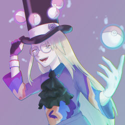 Rule 34 | 1boy, asymmetrical gloves, avery (pokemon), blonde hair, creatures (company), floating, floating object, game freak, glasses, gloves, hand on headwear, hat, highres, long hair, looking at viewer, mismatched gloves, nintendo, pokemon, pokemon swsh, purple background, round eyewear, smile, teeth, top hat, upper body