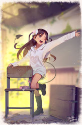 Rule 34 | 1girl, ;d, absurdres, black footwear, boots, brown hair, chair, child, classroom, collar, dated, demon tail, full body, grey eyes, highres, indoors, long hair, long sleeves, looking at viewer, muk (monsieur), one eye closed, open mouth, original, outstretched arm, sailor collar, signature, smile, solo, standing, standing on one leg, tail, teeth, tiny evil, upper teeth only, yuu (tiny evil)