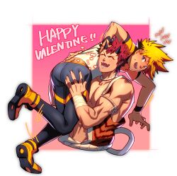 Rule 34 | 2boys, ass, bandaged arm, bandages, bara, black pants, blonde hair, boots, carrying, carrying person, closed eyes, demon boy, demon horns, english text, happy valentine, horns, large pectorals, lenga valentine, looking at another, lvlv, male focus, multiple boys, muscular, muscular male, open clothes, open mouth, pants, paradiso guardian, pectorals, red hair, shirt, short hair, shuten douji (paradiso guardian), smile, white shirt, yaoi