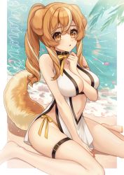 Rule 34 | 1girl, animal ears, arm between breasts, bad id, bad pixiv id, bare arms, bare shoulders, barefoot, beach, between breasts, black collar, breasts, brown eyes, brown hair, collar, commentary, day, dog ears, dog girl, dog tail, dress, karokuchitose, long hair, looking at viewer, medium breasts, multicolored hair, navel, original, parted lips, ponytail, sitting, sleeveless, sleeveless dress, solo, streaked hair, tail, wariza, white dress