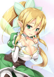 Rule 34 | 10s, 1girl, blonde hair, blush, braid, breasts, cleavage, fairy wings, green eyes, highres, kokutou (kazuakifca), large breasts, leafa, long hair, open mouth, pointy ears, ponytail, sword art online, twin braids, wings