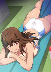 Rule 34 | 1girl, ass, blue eyes, blush, breast press, breasts, brown hair, character request, competition swimsuit, crossed arms, floor, from above, hair between eyes, highres, huge breasts, indoors, jk fuuzoku gakuensai, joy ride, legs, long hair, looking back, lying, madoka-chan (jk fuuzoku gakuensai), on stomach, one-piece swimsuit, open mouth, original, smile, solo, spread legs, swimsuit, tan, tanline, thighs, topless
