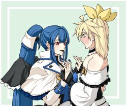 Rule 34 | 1boy, 1girl, bare shoulders, blonde hair, blue eyes, blue hair, blush, choker, cosplay, costume switch, couple, detached collar, detached sleeves, dizzy (guilty gear), dizzy (guilty gear) (cosplay), ebi pri shrimp, guilty gear, guilty gear xrd, hair ribbon, hetero, holding hands, husband and wife, interlocked fingers, ky kiske, ky kiske (cosplay), long hair, looking at another, looking at viewer, married, ponytail, red eyes, ribbon, twintails, yellow ribbon