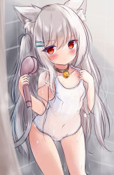Rule 34 | 1girl, animal ear fluff, animal ears, bad id, bad twitter id, bell, blush, breasts, cat ears, cat girl, choker, covered navel, grey hair, hair ornament, hairclip, highres, jingle bell, kata rosu, long hair, one-piece swimsuit, original, red eyes, shower head, showering, small breasts, solo, swimsuit, thighs, tile wall, tiles, two side up, white one-piece swimsuit