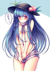 Rule 34 | 1girl, 3:, 3:&lt;, bad id, bad pixiv id, bare shoulders, black hat, blue hair, breasts, closed mouth, clothes tug, cowboy shot, dress, food, fruit, hat, highres, hinanawi tenshi, leaf, long hair, looking at viewer, maru daizu (aqua6233), meme attire, motion lines, naked sweater, navel, peach, red eyes, ribbed sweater, small breasts, solo, stomach, sweater, sweater dress, sweater tug, tears, thought bubble, touhou, trembling, turtleneck, turtleneck sweater, v-shaped eyebrows, v arms, virgin killer sweater, wardrobe error, white background