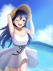 Rule 34 | 1girl, ;), absurdres, artist name, artist request, bare legs, bare shoulders, beach, black bow, black ribbon, blue hair, blue sky, blush, bow, breasts, brown eyes, brown hat, cloud, collarbone, day, dress, female focus, floating hair, hair between eyes, hat, highres, holding, holding clothes, holding hat, long hair, looking at viewer, love live!, love live! school idol project, medium breasts, miniskirt, mountain, ocean, one eye closed, outdoors, parted lips, plaid, plaid dress, plaid skirt, pleated, pleated dress, pleated skirt, ribbon, skirt, sky, smile, solo, sonoda umi, sundress, wavy hair, white dress, white skirt, wink, yellow eyes
