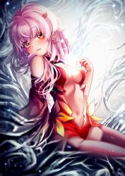 Rule 34 | 1girl, absurdres, akira luca, black thighhighs, breasts, center opening, cleavage, detached sleeves, from side, guilty crown, hair ornament, hairclip, highres, leotard, long hair, looking at viewer, navel, open mouth, pink hair, red eyes, red leotard, red sleeves, sideboob, single detached sleeve, sitting, solo, thighhighs, thighs, twintails, yuzuriha inori