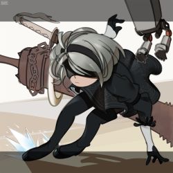 Rule 34 | 1girl, android, black blindfold, black dress, black hairband, black thighhighs, blindfold, boots, commentary, covered eyes, dress, gloves, hairband, highres, nier (series), nier:automata, pod (nier:automata), short hair, solo, sword, thigh boots, thighhighs, weapon, 2b (nier:automata)