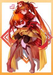 Rule 34 | 1girl, absurdres, ahoge, blush, border, boureisakura, closed eyes, detached sleeves, dress, fake horns, fate/grand order, fate/grand order arcade, fate (series), full body, gloves, highres, holding, holding stuffed toy, horns, invisible chair, long hair, looking at viewer, orange border, orange eyes, orange hair, rama (fate), red dress, simple background, sita (fate), sitting, solo, stuffed toy, twintails, white background, white footwear, yellow gloves