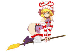 Rule 34 | 1girl, ankle boots, bare shoulders, blonde hair, boots, bow, broom, broom riding, brown eyes, cross-laced footwear, detached sleeves, drawfag, female focus, hair bow, hat, hat ribbon, high heel boots, high heels, highres, lace-up boots, long hair, naked tabard, no panties, no pants, ribbon, shoes, solo, tabard, thighhighs, touhou, v arms, white background, white thighhighs, yakumo yukari
