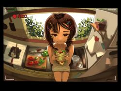 Rule 34 | 1girl, bacon, black border, border, braid, brown hair, chemise, closed mouth, commentary, cutting board, eating, fisheye, food, food on face, fried egg, from above, frying pan, hair ornament, hairclip, highres, holding, holding food, holding sandwich, indoors, kagenoyuhi, kitchen, knife, lettuce, long hair, looking at viewer, original, plant, potted plant, recording, red eyes, sandwich, sink, sitting, solo, spaghetti strap, spatula, stove, tomato, twin braids, viewfinder, window