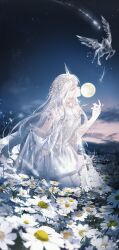 Rule 34 | 1girl, absurdres, beads, circlet, closed eyes, cloud, collar, daisy, dress, field, flower, flower field, full body, full moon, hair between eyes, hand up, highres, horns, jewelry, jiuchuansi, kneeling, long hair, moon, night, pantyhose, parted lips, profile, ring, shining nikki, shooting star, single horn, skirt hold, solo, strapless, strapless dress, translucent horns, unicorn, unicorn girl, white dress, white flower, white gemstone, white hair, white pantyhose