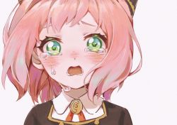 Rule 34 | 1girl, anya (spy x family), blush, child, crying, crying with eyes open, eden academy school uniform, floating hair, green eyes, hair ornament, highres, looking at viewer, ludeng0412, open mouth, pink hair, portrait, school uniform, short hair, simple background, sobbing, spy x family, tears, white background