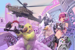 Rule 34 | 1girl, agm-114 hellfire, ah-64, ah-64 apache, air-to-surface missile, aircraft, anti-tank guided missile, anti-tank missile, assault rifle, autocannon, bird, call of duty, cannon, chain gun, chicken, controller, duck, ferris wheel, fgm-148 javelin, game console, game controller, gloves, gun, gunship, headset, helicopter, helicopter gunship, m230 chain gun, m4 carbine, man-portable anti-tank systems, mecha musume, midriff, military, missile launcher, missile pod, navel, parakeet, parody, precision-guided munition, rifle, rocket launcher, surface-to-surface missile, surreal, takio, weapon, xbox