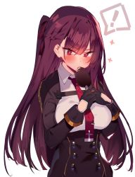 Rule 34 | !, 1girl, black dress, black gloves, black skirt, blush, breasts, buttons, collared shirt, dress, dress shirt, eating, food, framed breasts, girls&#039; frontline, gloves, hair ribbon, half updo, hand on own hip, highres, large breasts, long hair, long sleeves, looking at viewer, necktie, one side up, popsicle, purple hair, purple ribbon, red eyes, red necktie, ribbon, shirt, skirt, solo, soukou makura, sparkle, wa2000 (girls&#039; frontline), white background, white shirt