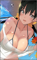 Rule 34 | 1girl, bare shoulders, bikini, black hair, blue sky, blush, breasts, cleavage, cloud, collarbone, day, flower, grey eyes, hair between eyes, hair flower, hair ornament, large breasts, leaf, leaning forward, looking at viewer, off shoulder, open mouth, original, parted lips, pyon-kichi, see-through, sky, swimsuit, twintails, wet, white bikini