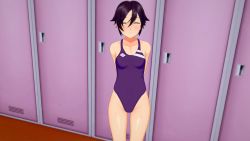 Rule 34 | 1girl, 3d, artist request, bare shoulders, blush, character request, closed eyes, closed mouth, female focus, highres, indoors, one-piece swimsuit, purple hair, purple one-piece swimsuit, short hair, solo, standing, swimsuit, tagme