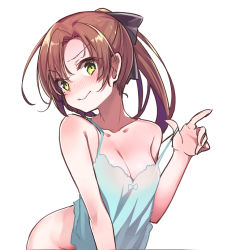 Rule 34 | 1girl, akigumo (kancolle), bent over, blush, bottomless, breasts, brown hair, camisole, cleavage, collarbone, green eyes, hair ribbon, kantai collection, konnyaku (kk-monmon), long hair, looking at viewer, medium breasts, ponytail, ribbon, simple background, solo, tongue, tongue out, white background