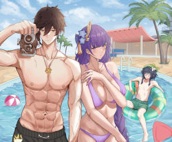 Rule 34 | 1girl, 2boys, :|, abs, absurdres, alternate costume, ball, beret, bikini, black hair, blush, braid, breasts, brown hair, camera, chr991220, cleavage, closed eyes, closed mouth, cloud, cloudy sky, coconut tree, collarbone, earrings, eyeliner, flower, genshin impact, green headwear, hair between eyes, hair flower, hair ornament, hand up, hat, highres, jewelry, large breasts, long hair, looking at viewer, low-braided long hair, low-tied long hair, makeup, multiple boys, nail polish, navel, necklace, palm tree, pool, purple eyes, purple hair, purple nails, raiden shogun, short hair with long locks, shorts, single earring, sky, smile, swimsuit, tassel, tassel earrings, toned, toned male, topless male, tree, twin braids, venti (genshin impact), very long hair, water, white flower, yellow eyes, zhongli (genshin impact)
